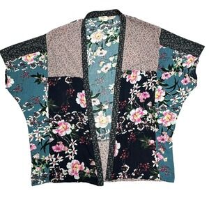 Umgee Kimono Top Womens S/M Blue Floral Patchwork Open Front Boho Lightweight